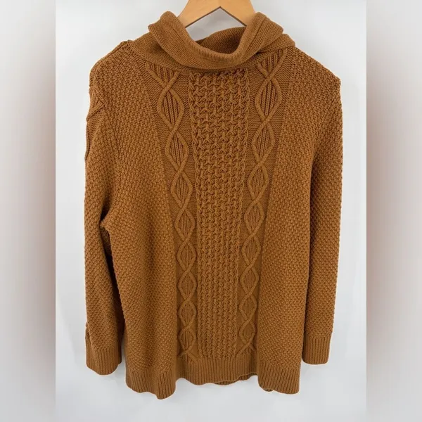 L.L. Bean signature fisherman cable knit funnel neck tan brown sweater womens XL - Image 5