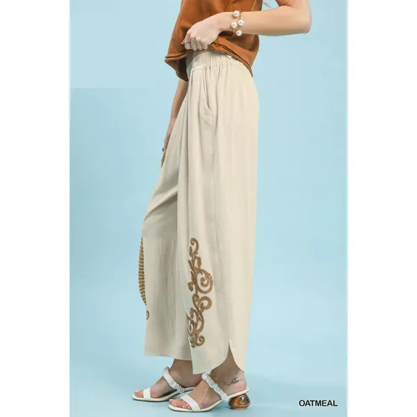 Umgee‎ Linen Embroidered Wide-Leg Boho Pants - Medium - Image 2