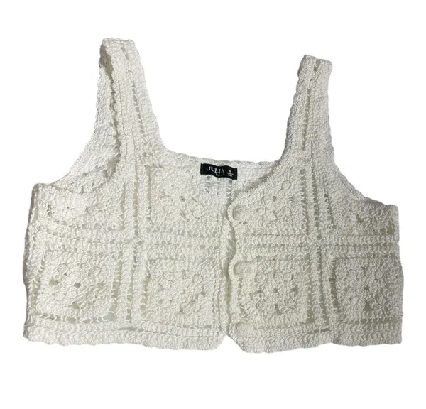 Crochet Knit Cropped Sleeveless Sweater Cardigan in white size M - Image 6