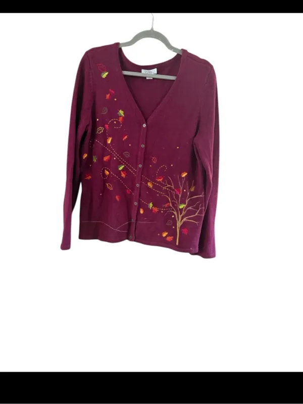 Christopher & Banks Maroon V-Neck Button Cardigan with Autumn Leaf Embroidery - Image 10
