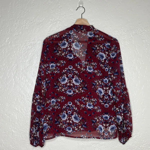 WAYF Women’s Burgundy Red Floral Tie V-Neck‎ Balloon Sleeve Blouse Size XS - Image 3