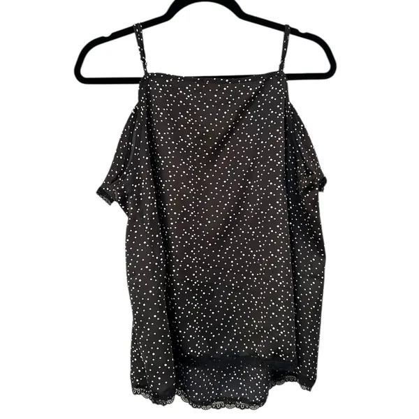 POL Black White Polka Dot Ruffle Lace Trim Spaghetti Strap Tank Top Womens Large - Image 2