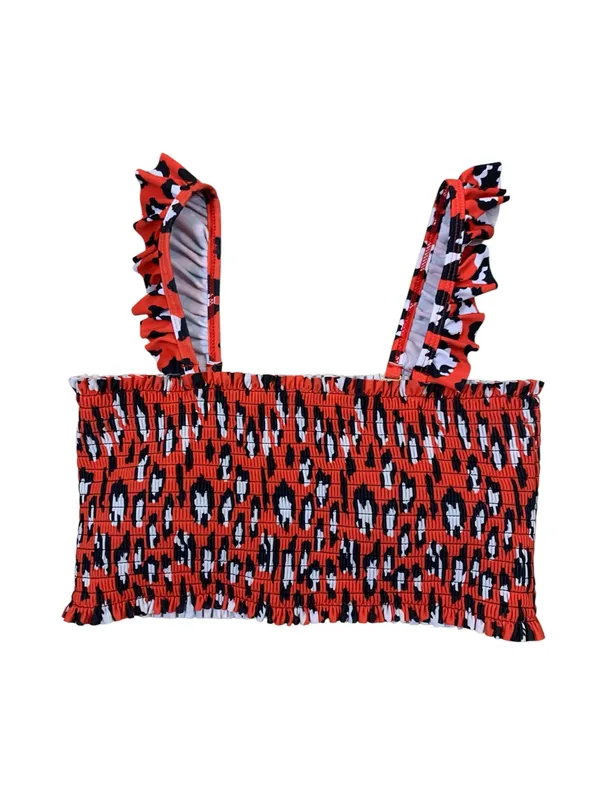 Summer Mae Medium Red Leopard Print Smocked Bikini Top Ruffle Strap Swimwear - Image 2