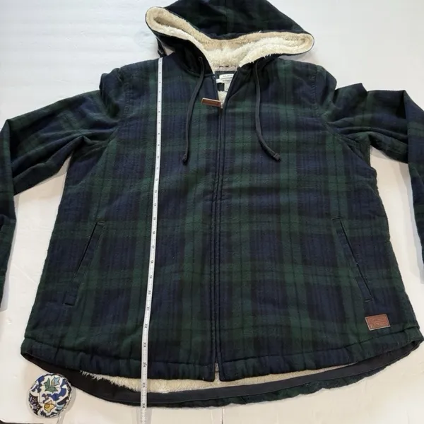 LL Bean Scotch Plaid Flannel Shirt Sherpa Lined Zip Hoodie Jacket Blue Green S - Image 12