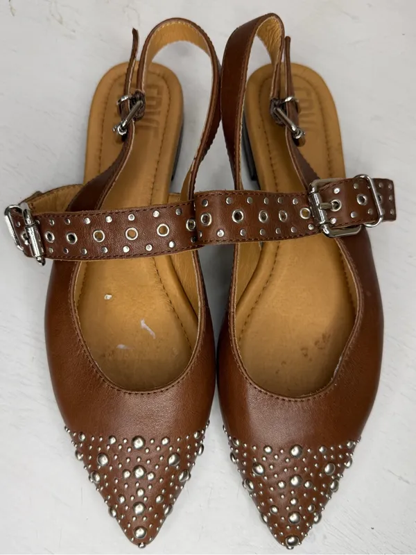 Frye HEATHER SLINGBACK STUDDED Flat Pointed Silver & Walnut Leather - Image 2