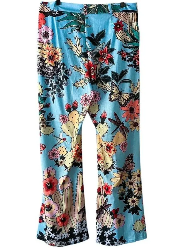 NWT ~ Blue Vintage Look Groovy 70's Polyester Floral Birds Flare Leg Pants ~ L - Image 6
