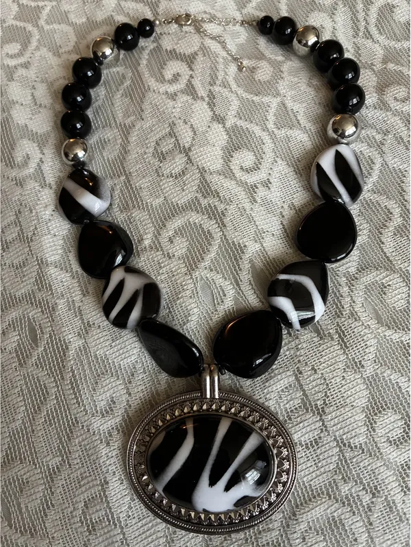 Chunky Black & White Zebra Print Statement Necklace – Large Oval Pendant 20-23” - Image 2