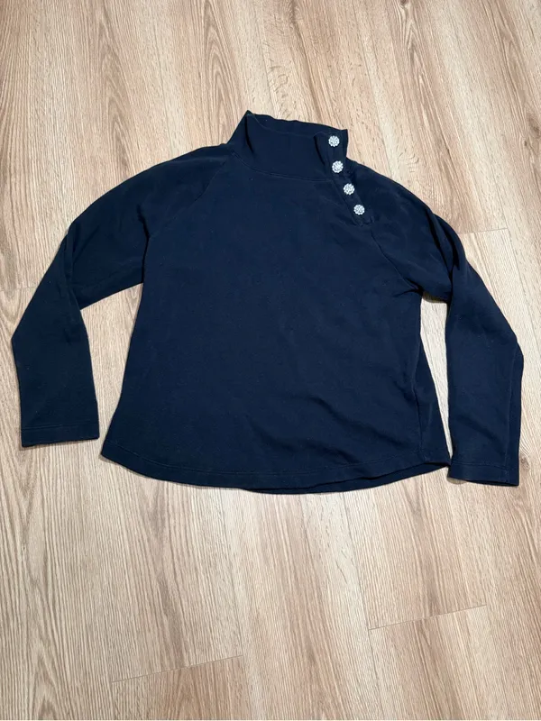 J.Crew Womens M Black Mock Neck Sweatshirt Jeweled Buttons Funnel Neck Pullover - Image 2
