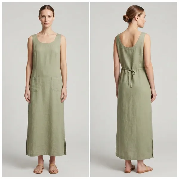 Cherokee Sage Green Linen Rayon Maxi Dress Tank Sleeveless Patch Pockets Large - Image 2