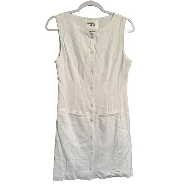 Paper Heart Sleeveless Linen Shirt Dress White Button Up Mini Sundress Coastal Preppy Size S - Image 2