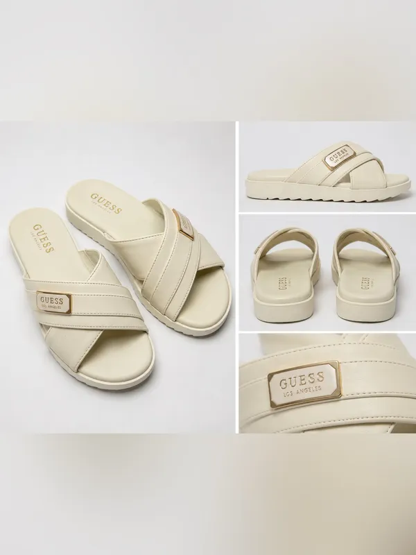 Guess Cream Crisscross Slide Sandals with Gold Accent - Image 2