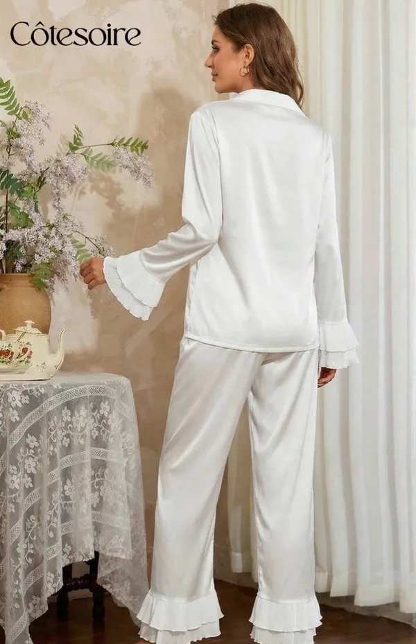 Amazon Satin White Blouse Ruffle Flutter Hem PJ Set - Image 2