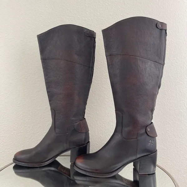 Dark Brown Red Leather Loretta Tall Knee High Riding Heeled Boots - Image 12