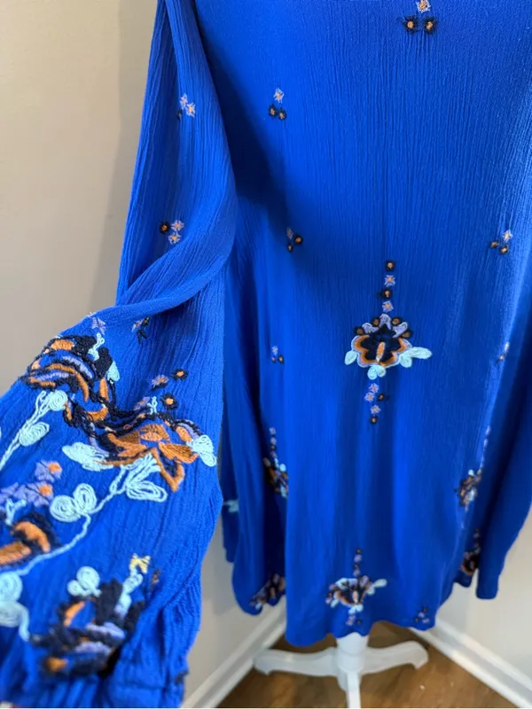 Free People Boho Royal Blue Embroidered Midi Dress Small - Image 3