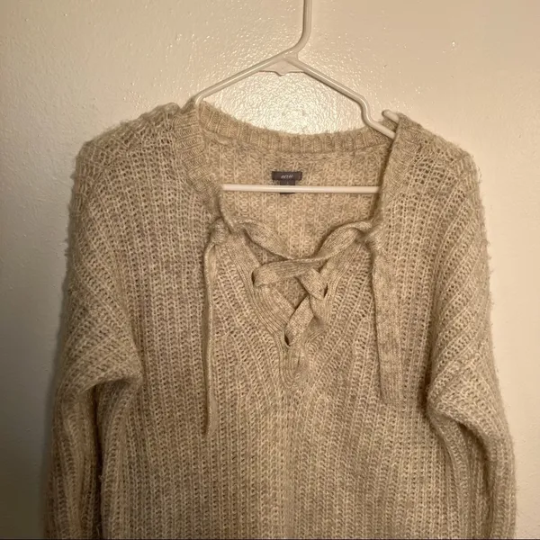 Aerie Womens Size Small Oversized Lace-Up Pullover Sweater Tunic Oatmeal Heather - Image 4