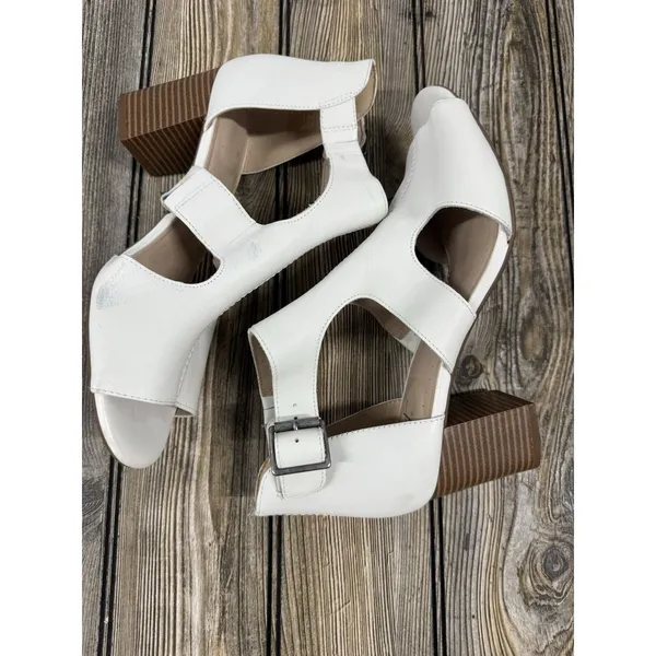 Clarks Womens 8.5M Deva Heidi White Leather Ankle Strap Heels Sandals Boho - Image 5