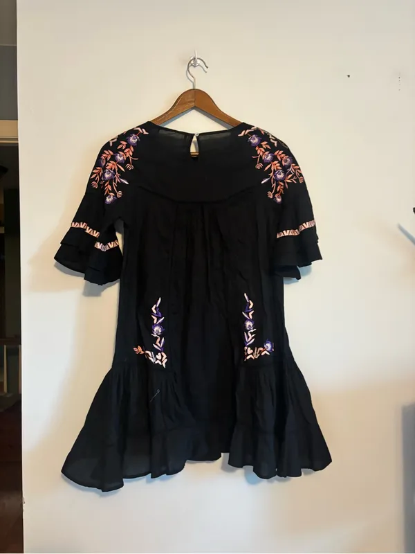 Free People Black Pavlo Embroidered Cottagecore Boho Mini Babydoll Dress - Image 10