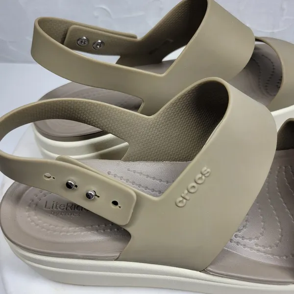 Crocs Brooklyn Low Wedge Sandals Size 8 Mushroom LiteRide Slingback Two Strap - Image 14