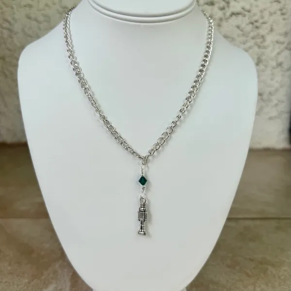 Hand Crafted Antique Silver Toy Soldier with Green Crystal Chain Necklace - Image 3