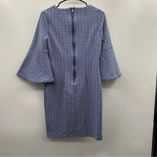 Tyler Boe Royal Blue & White Grecian Geometric Bell Sleeve‎ Sheath Dress Size S - Image 5