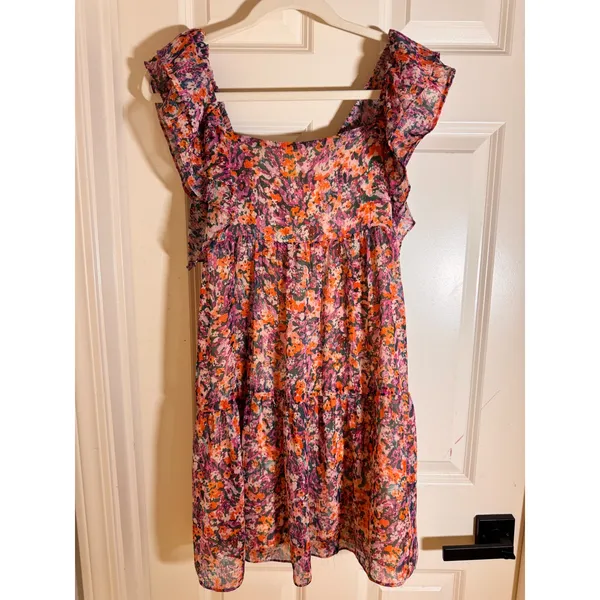 Lavender Brown‎ Floral Flutter Sleeve Tiered Mini Dress Orange Purple XS USA - Image 2