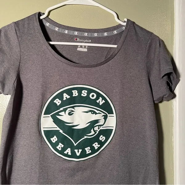 Champion‎ Women's Size Small Babson Beavers T-Shirt Gray Green Graphic - Image 2