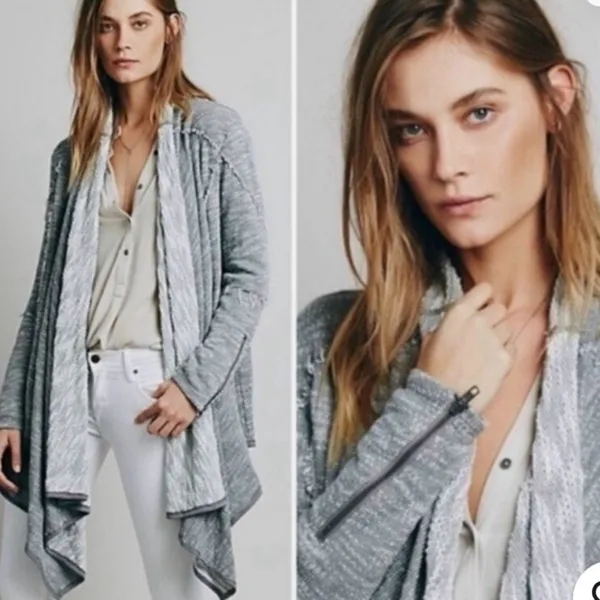 Free People In The Loop Open-Front‎ Waterfall Cardigan Gray White L - Image 2