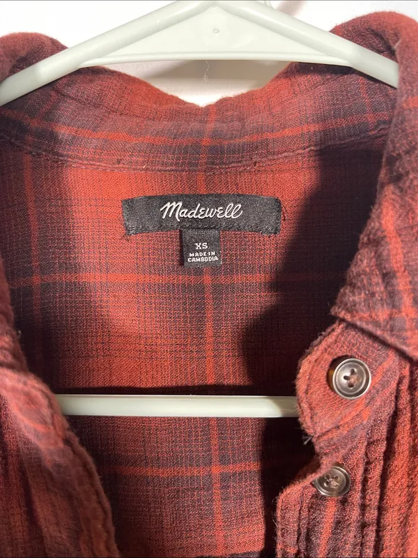 MADEWELL WOMENS OVERSIZED FLANNEL BUTTON DOWN SHIRT XS RED - Image 3