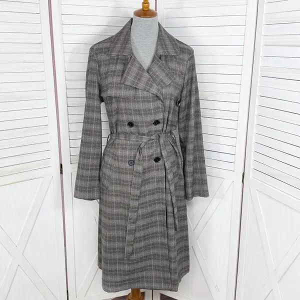 Jennifer Lopez Trench Coat Women Large Grey Plaid Double Breasted Lightweight‎ - Image 3