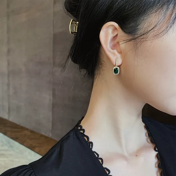 Women's CZ Diamond Green Gemstone Square Emerald Dangle Drop Earrings Gold - Image 3
