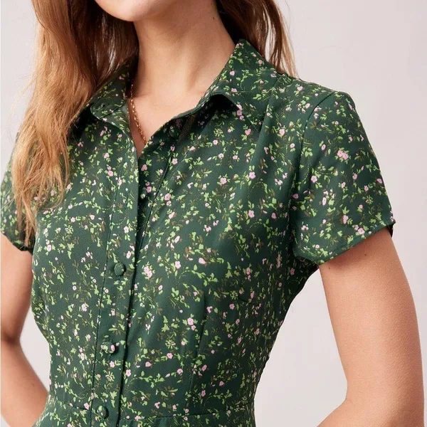 Rihoas Green Lapel Button Up Floral Midi Dress - Image 3