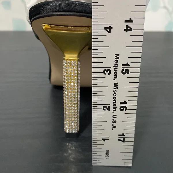 Good American Black Satin Rhinestone Heel Square Toe Pumps Size 8.5 - Image 12