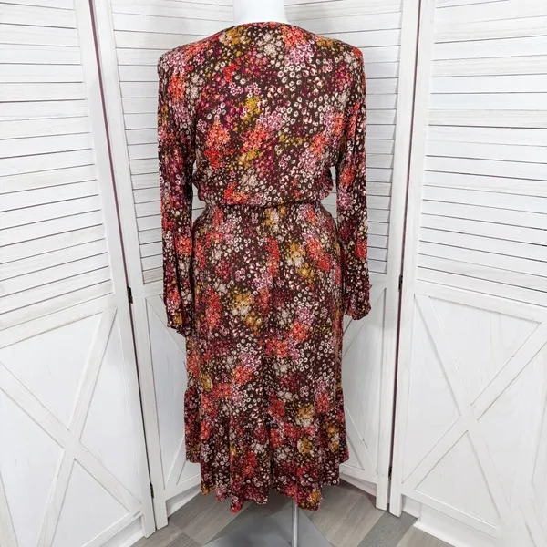 Cottagecore Floral‎ Smocked Waist Long Sleeve Boho Midi Dress Brown Multi Large - Image 4
