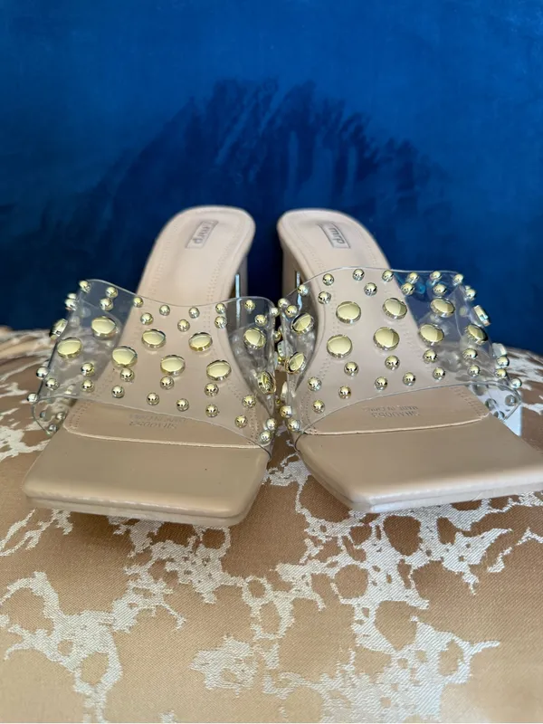Studded Clear Strap Nude Block Heel Mules Tan Size 11 - Image 3