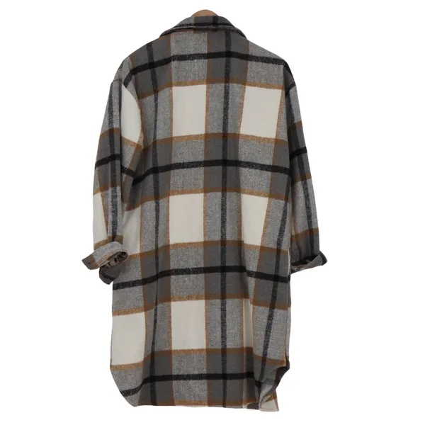 Plaid Longline Shacket Grey Cream Tan Oversized Button Front L - Image 4