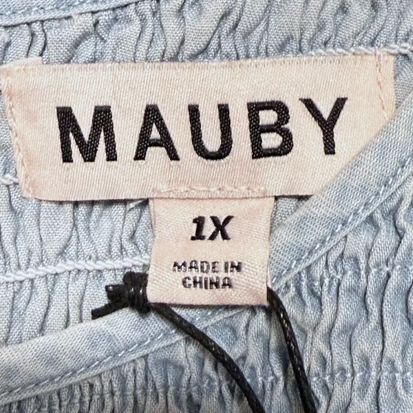 Mauby Womens Smocked Puff‎ Sleeve Blouse Blue Chambray Casual Shirt Top 1X - Image 5
