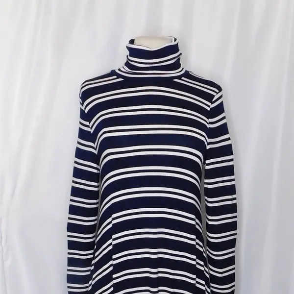 Anthropologie MAEVE Navy Blue White Striped Turtleneck‎ Jersey Knit Dress Small - Image 3
