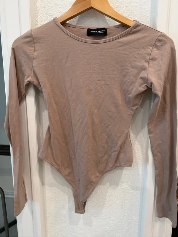 OW Collection Taupe Long Sleeve Thong Bodysuit Medium - Image 2