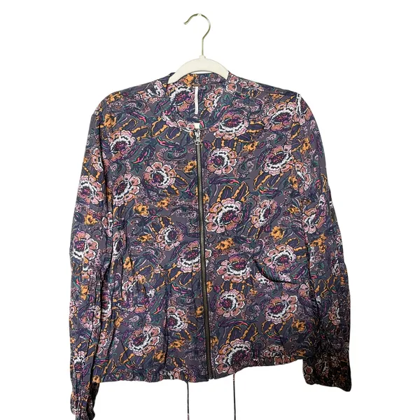 Free People Floral Bomber Jacket Balloon Sleeves Zip Front Boho Size Small - Image 3