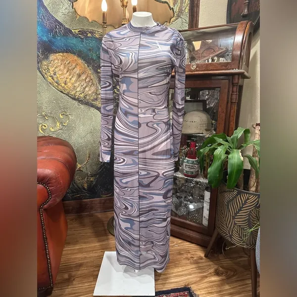 VTG Y2K Mesh Maxi Dress Psychedelic Swirl Print Long Sleeve Bodycon Grunge L - Image 3