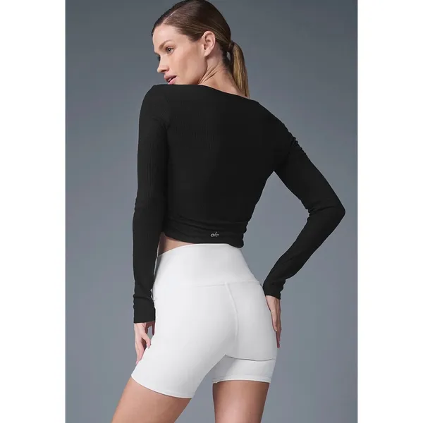 Alo Yoga Gather Long Sleeve Black Ribbed Ruched Crop Top XS - Image 9