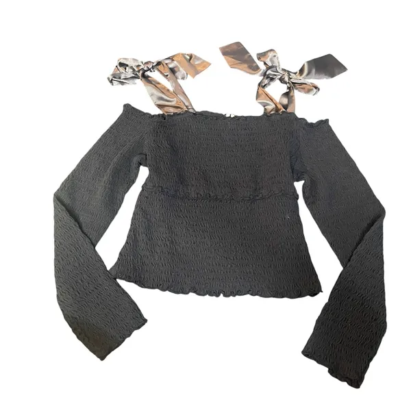 Anthropologie Black Smocked Off Shoulder Top with Satin Ribbon Ties Small - Image 3