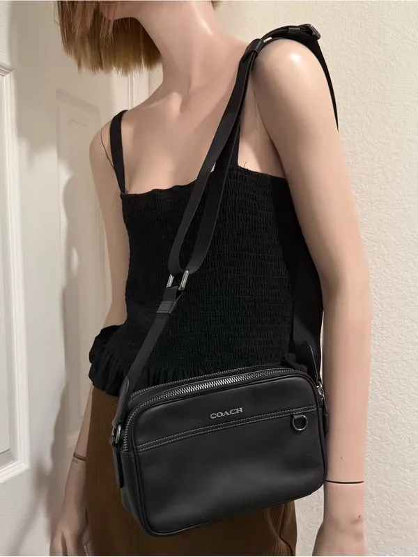 COACH C4148 Black Smooth Calf Leather Double Zip Graham Crossbody Camera Bag - Image 9