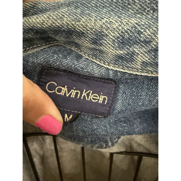Vtg 90’s Calvin‎ Klein Denim Jean Jacket Blue hippie SZ M Peace Daisy Painted - Image 5