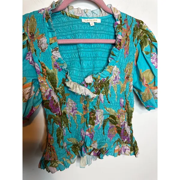 Love The Label Green Floral Ruffle Puff Short Sleeve Cotton Blouse Size XS - Image 3