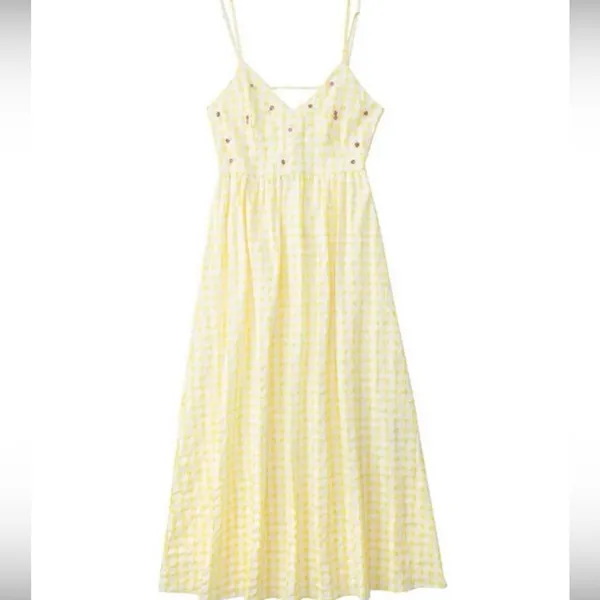 NWT ZARA Gingham Dress Yellow White XXLarge Beaded Open Back - Image 10