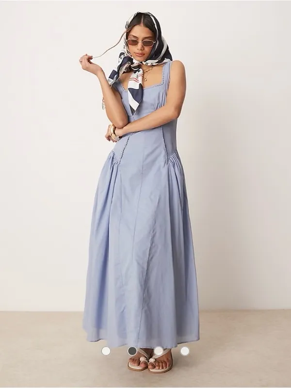 Square Neck Basque Waist Prarie Powder Blue Sleeveless Maxi sun Dress - Image 3