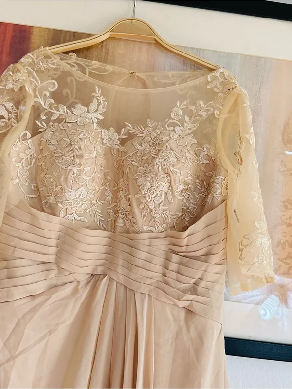 Elegant Lace Bodice Chiffon Evening Dress - Beige - Image 5
