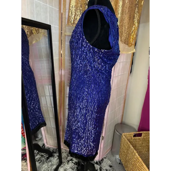 Vintage Blue Sequin‎ Cocktail dress V-Neck Keyhole Back Fringe Hem Sleeveless - Image 3