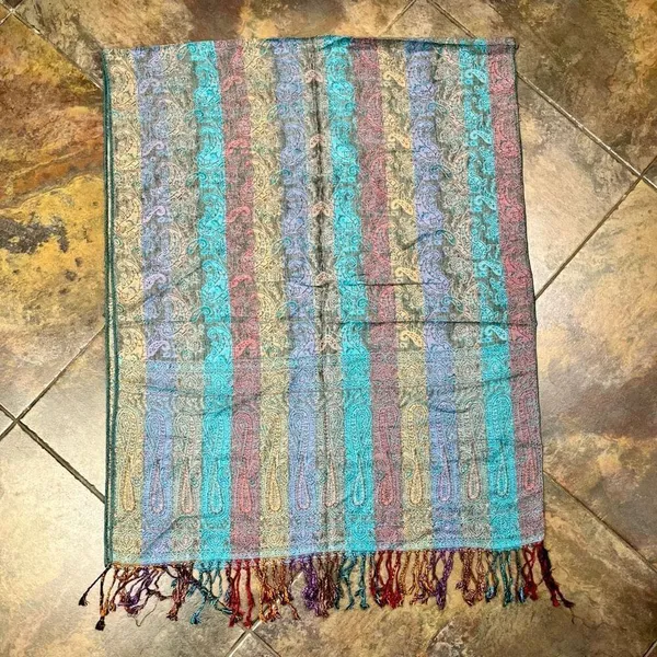 Women’s Multicolor Stripe Fringe Scarf Purple - Image 2